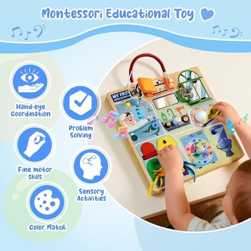 Busy Board Montessori Toys for Toddler 1-3 Year Old, Wooden Sensory Board with LED Light Switches,Bathroom Theme Travel Toys for 1+ Year Old Boy & Girl Birthday Gift - Image 6