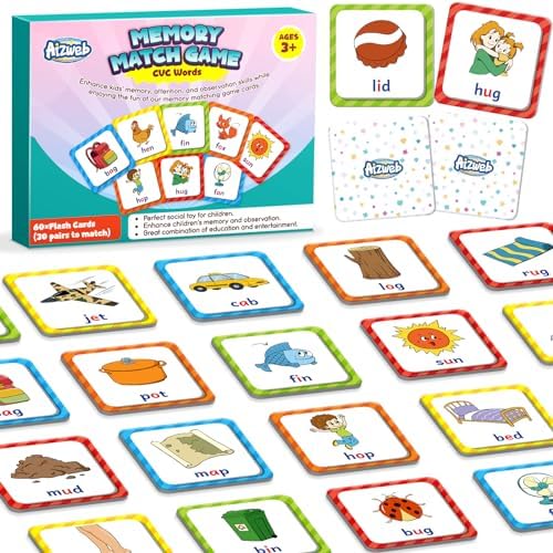 Aizweb CVC Word Match Game - 60 Pc Toddler Card Games for Kids Ages 3-6, Phonics Flash Cards for Preschool & Kindergarten Learning Activities, Educational Toys for Home School Supplies by AIZWEB