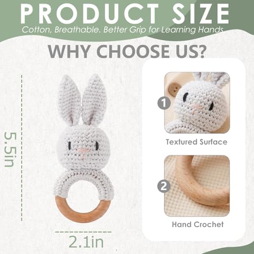 Baby Crochet Rattle Toy - Hand-Knitted Animal Bunny Teether with Soft Bell, Montessori Sensory Toy for Infants 0-36 Months, Natural Wood Teething Ring, Ideal Newborn Keepsake Gift - Image 4