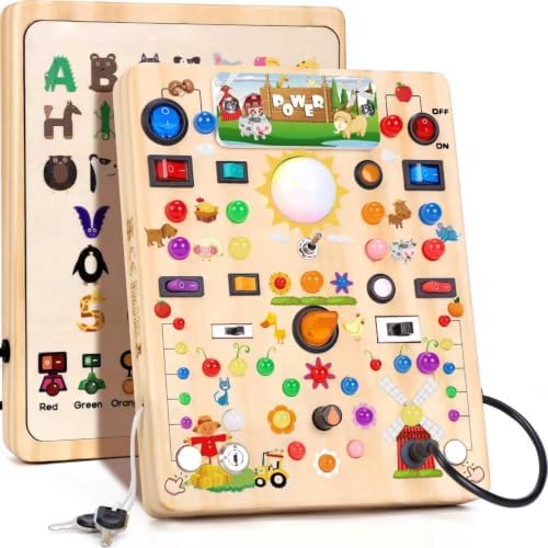 HarVow Busy Board with LED Light Switches, Montessori Toys for 1 2 3 Years Old, Toddlers Wooden Toy Sensory Activity Board, Travel Toys for 1+ Year Old Boy & Girl Birthday Gift (Farm 19 Switches) by HarVowforToddlerToys