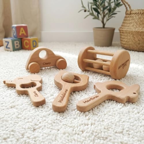 Personalized 5 Pieces Wooden Baby Toys 0-6 Months, Customized Teething Toys Baby Rattles 0-6 Months, Wood Teething Toys Gifts for Baby, Customizable Montessori Wooden Toys for Babies 5 Pieces - Image 2