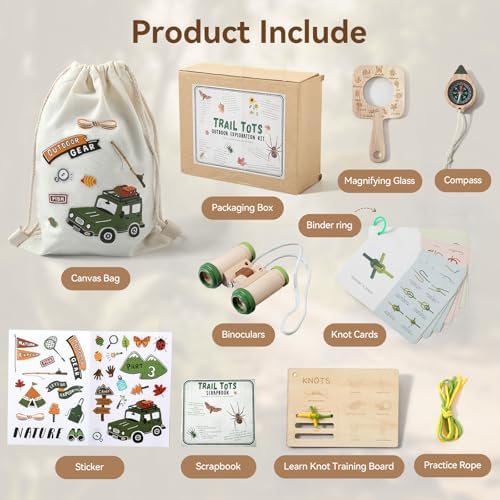 WOODEN TEETHER Kids Outdoor Explorer & Scavenger Hunt Play Set, Nature Exploration Kit with Knot-Tying Board, Binoculars, Compass, Specimen Box & Treasure Cards, STEM Gift for Ages 4–8 - Image 2
