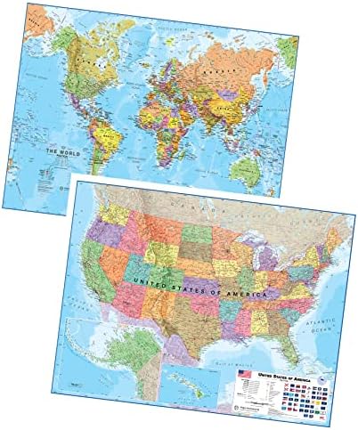 Laminated World Map & US Map Poster Pack - 17 x 22 in - Maps of the World by MapsInternational
