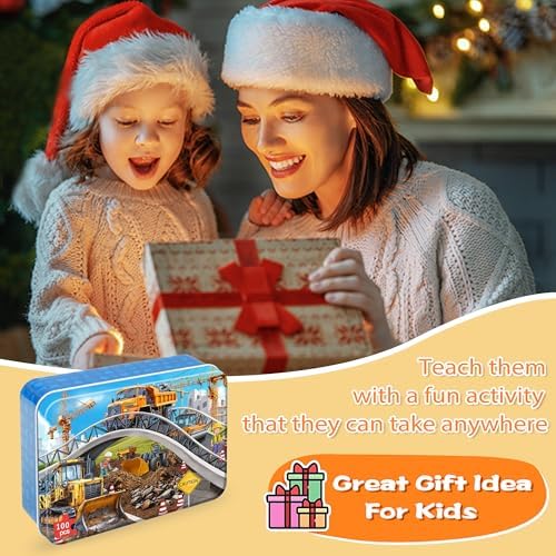 LELEMON Puzzles for Kids Ages 4-6,Construction Site 100 Piece Puzzles for Kids Ages 4-8 in a Metal Box,Educational Jigsaw Puzzles 100 Piece Puzzle Games Puzzle Toys for Girls and Boys - Image 7