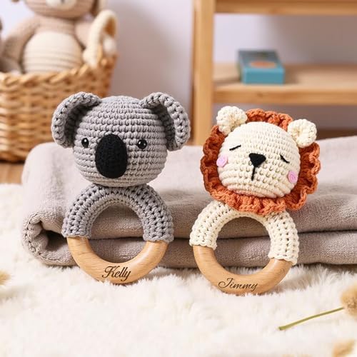 ​​DJAFS Wooden Baby Rattle Handmade Crochet Animal Organic Sensory Toy for Teething Newborns, Infant Grip Trainer & Safe Baby Shower Gift​​ (Customization Options) - Image 6