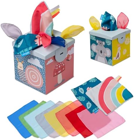 Taf Toys Sensory Crinkle Tissue Box for Toddlers. STEM Montessori Toy with Colorful Soft Scarves and Crinkling Blankies by TafToys