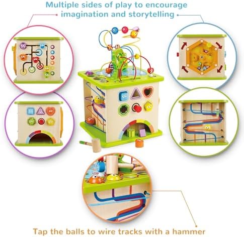 Hape Country Critters Play Cube| Wooden Learning Puzzle Toy for Toddlers, 5-Sided Activity Centre with Animal Friends, Shapes, Mazes, Wooden Balls, Shape Sorter Blocks and More - Image 3