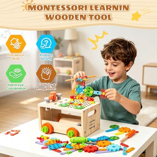 Wooden Toddler Tool Bench with Electric Toy Drill & Pull-Along Storage Cart - Image 2