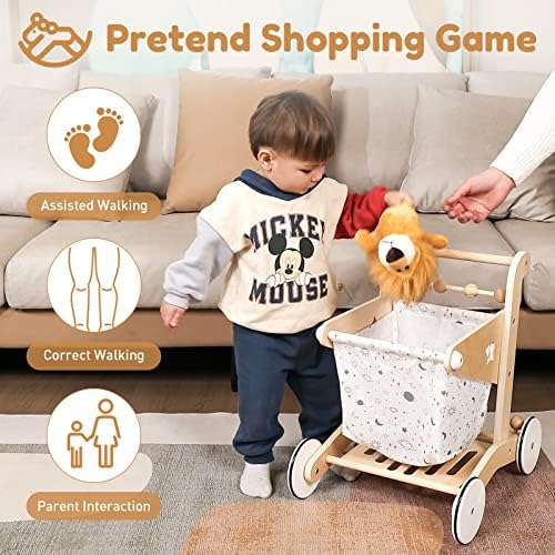 Woodtoe Wooden Baby Walker Doll Stroller, Adjustable Speed Shopping Cart for Toddlers 1-3, Baby Push Walker, Pretend Play Grocery Wagon, Baby Push Toys, Montessori Birthday Toy Gift for 1 2 3 Year Old - Image 4