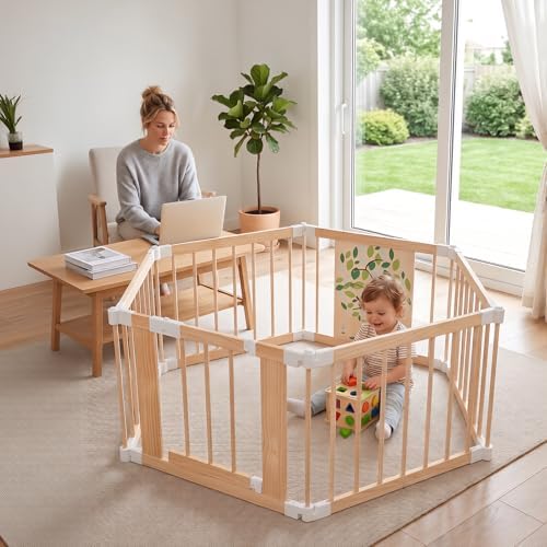 Wooden Baby Playpen with Child Safety Lock, 6-Panel Adjustable Foldable Play Yard for Toddlers, Tree Activity Board Montessori Playpen, Portable Indoor Baby Fence & Activity Center for Infant by GentleMonster