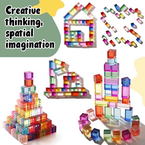 Dinhon 60 Pcs Acrylic Blocks - 10 Colors Rainbow Gem Blocks, 2.5x2.5cm Crystal Cubes Stacking Rainbow Toy for 1-5 Years Old, Light Table Blocks Birthday Gift - Image 6