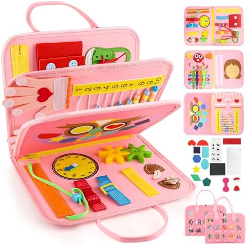 Toddler Busy Board, Montessori Sensory Toys for Boys, 3-8 Year Old Girl Toddler Travel Toys, Educational Learning Activities Board for Motor Skills, Birthday Gifts for Airplane Car, Pink by Unknown