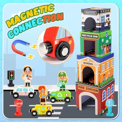 Baby Stacking Toys for Toddlers, Magnetic Wooden Cars & Garage Sorting Community Helpers Preschool Educational Learning Montessori Toys Birthday Gifts for Kids Number Blocks Nesting Boxes - Image 3