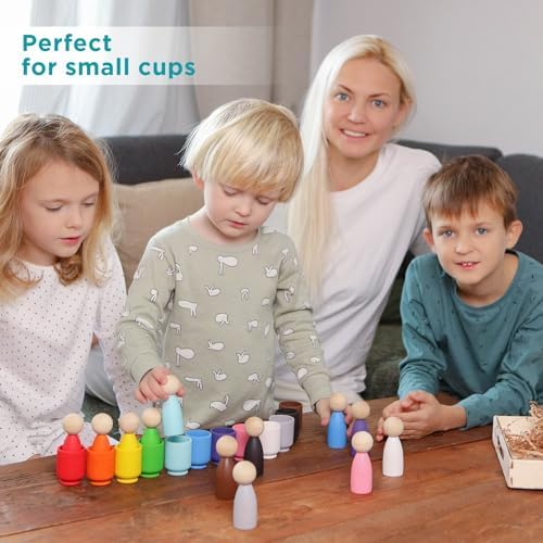 Ulanik Large Peg Dolls for Sorting Toddlers Montessori Toys for 1+ Year Old Baby Dolls Wooden Games for Learning Color Sorting & Counting — 12 Gnomes - Image 6