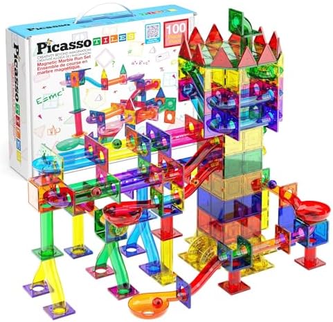 PicassoTiles 100 Piece Marble Run Magnetic Tiles Race Track STEM Ages 3+ by PicassoTiles
