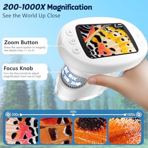 Odatay 4K 1000X Digital Microscope for Kids with 32G Card, Long Distance Viewing & 2.4" Screen Portable Handheld Edu Toys for Age 3-12 Exploring Bugs Plants at Home Classroom & Outdoor Travel, White - Image 5