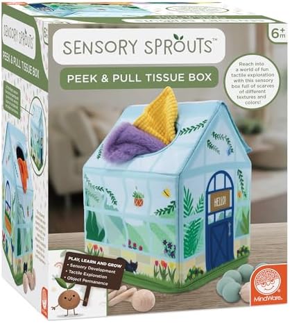 MindWare Sensory Sprouts Tissue Scarf - Montessori Toys for Babies 6-12 Months - Soft Greenhouse-Shaped Tissue Box and 12 Sensory Scarves Featuring Different Textures - Image 7