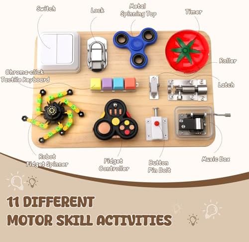Fidget Spinner Pad Busy Board Toys Robot Fidget Spinner Music Box Switch Latches Keyboard Sensory 11 in 1 Wooden Montessori Travel Activity Board Focus Toy Motor Skills Gift for Girls Boys - Image 6