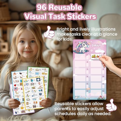 JJPRO Magnetic Bedtime/Morning/Daily Reward Routine Chart for Kids with Reward Jar-Bedtime Routine Chart,Reward Jar for Kids,Daily Checklist Reward Chart for Toddlers,Visual Schedule Board -Unicorn - Image 4