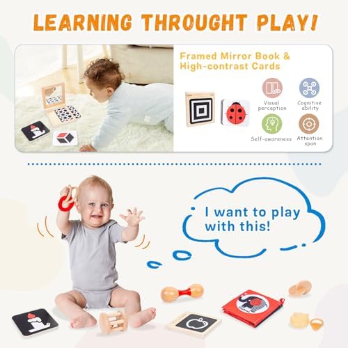 Adena Montessori Play Kit for 3-4 Months Baby,8 in 1 Wooden Learning Educational Toys for Toddler,Include Framed Mirror Book,High-Contrast Cards and More,Christmas Birthday Gift for Boys Girls - Image 5