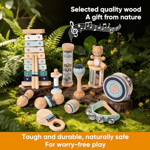 12 PCS Wooden Baby Musical Instruments Set, Montessori Style Sensory Percussion Toys for Toddlers 1-3, Non-Toxic Natural Wood Shakers & Rattles, Early Learning Educational Gift for Infant Boys Girls - Image 4