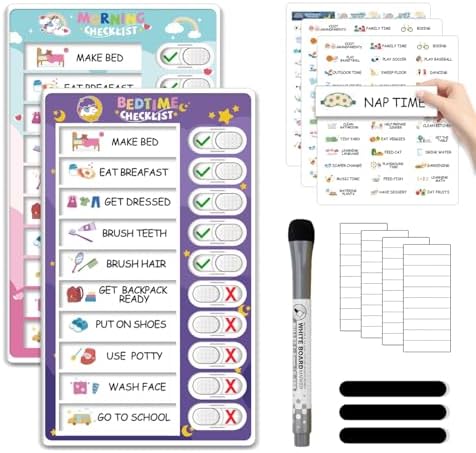 Upgraded 2 in 1 Bedtime/Morning Routine Chart - Magnetic Chore Chart, Cute Visual Schedule Board, Dry Erase Checklist for Kids & Toddlers by CustomMaster