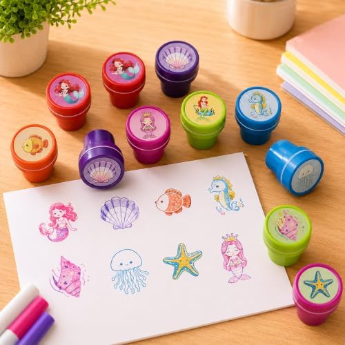 Cinrobiye 24 Pcs Mermaid Stampers Party Favor Set, Cute Under the Sea Stamps for Kids Birthday Party, Classroom Rewards, Carnival Prizes, Goody Bag Fillers, Mermaid Themed Party Supplies - Image 7