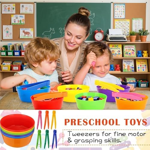 VioraWhite 24 Pcs Sorting Bowls with Tweezers, 6 Color Counting Toy Develops Fine Motor Skills, STEM Early Math Activity Set for Preschool Kids, Ideal for Back to School Learning - Image 6