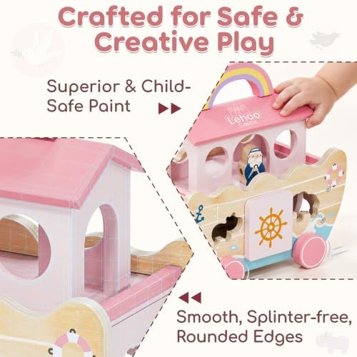 Lehoo Castle Pink Wooden Noah's Ark Toy for 1 Year Old Girl, Baptism Gift - Image 6