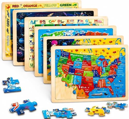 Wooden Puzzles for Toddlers 3-5,6 in 1 Jigsaw Wooden Solar System Puzzles for Ages 4-6,Preschool Educational Brain Toys Birthday Gifts for Boys and Girls 2 4 3 5 Year Old（World Map） by EggSun