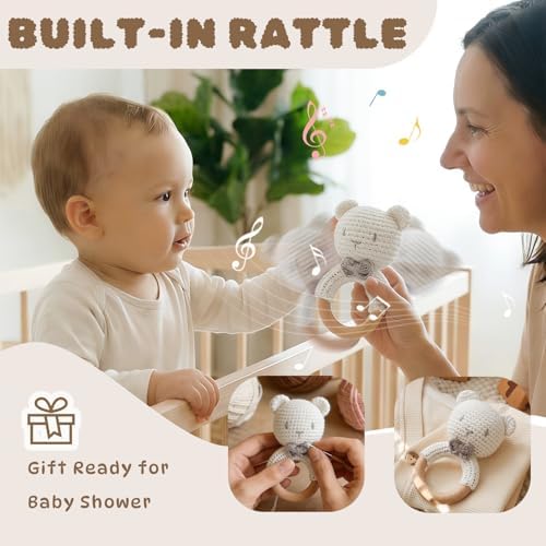 Moyii Handmade Crochet Baby Rattle Toy, 100% Organic Cotton Amigurumi Animal with Natural Beech Wood Teether Ring, Soft Sensory Newborn Toy, Montessori Nursery Gift for Boys & Girls - Image 4