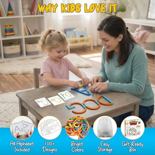 182pcs Wooden Montessori Smart Sticks and Rings Puzzle Game for Kids, Wooden Pattern Blocks Learning Set with 50+ Double-Sided Cards, A-Z Alphabet Cards, Fine Motor STEM Toy for Ages 3+ - Image 6
