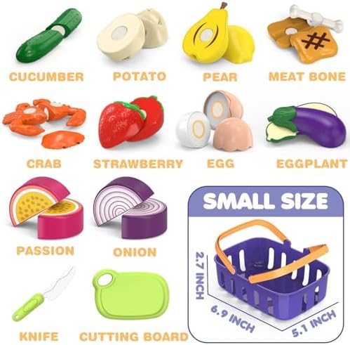 Cutting Play Food Toy with Grocery Basket, Pretend Play Kitchen Accessories - Image 3