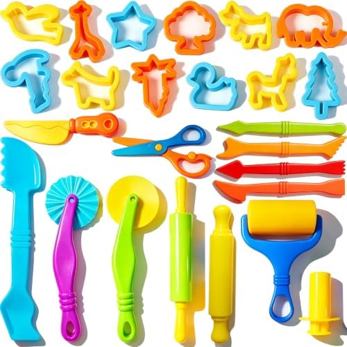 Kids Dough and Clay Play Tools – 25 Pcs Modeling Clay Accessories with Rolling Pin, Cutters & Extruder – Toddler Craft Kit for Preschool Learning and Creative Play by IELEK