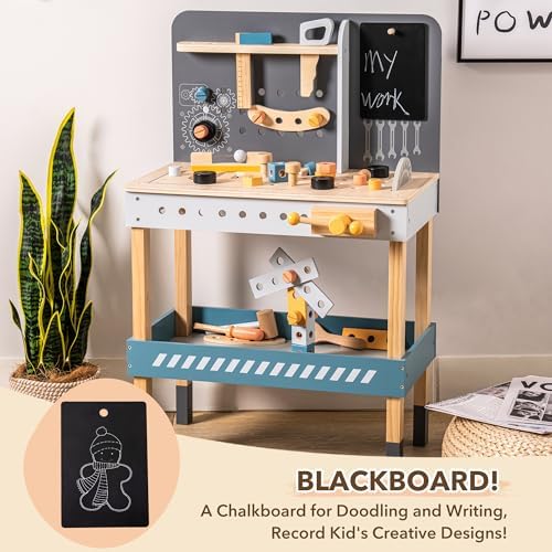 ROBUD Wooden Tool Workbench for Kids with Toy Tools Set, Blue - Image 3