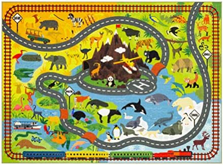 KC Cubs 5x7 Animal Safari Toy Car Road Rug – Educational Play Mat Carpet for Kids, Toddlers, Nursery, Classroom, Playroom, Baby Daycare, Boys & Girls by KCCubsKidsHomeandFurnishing