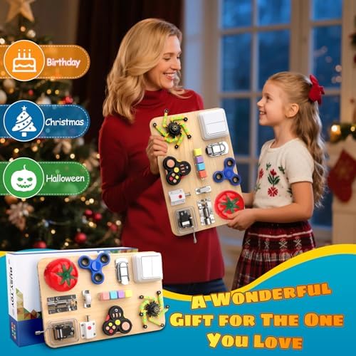 Umnodobn Montessori Busy Board for Toddlers, 11-in-1 Sensory Learning Travel-Friendly Activity Board, Fine Motor Skills Toy, Screen, Birthday Holiday Presents for Boys Girls - Image 5