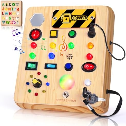 TINTECUSA Busy Board with LED Light, Wooden Sensory Toys for Toddler, Montessori Music Toy for Airplane, Travel Activity Educational Learning Autism Toys, Birthday Boys Girls Gifts by TINTECUSA