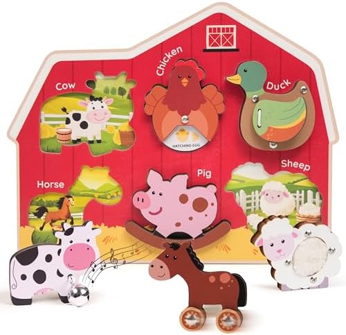 KALOTOYS Wooden Farm Animal Puzzle for Toddlers 1-3 – 6 Piece Montessori Sound & Sensory Puzzle with Textures & Hatching-Egg Chicken – Fine Motor Learning Toy & Autism-Friendly Baby Gift by KALOTOYS