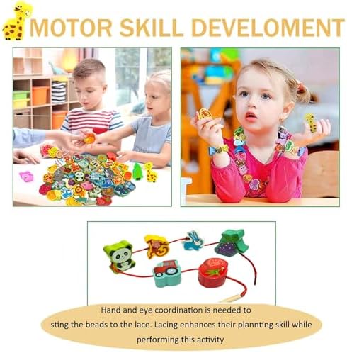 Montessori Wooden Lacing Beads for Kids,42 Pcs Preschool Activities String Car Animals Vegetables Beads Toys,Educational Threading Learning Beads Toys for Toddler 3 4 5 6 Year Old Boys Girls - Image 3