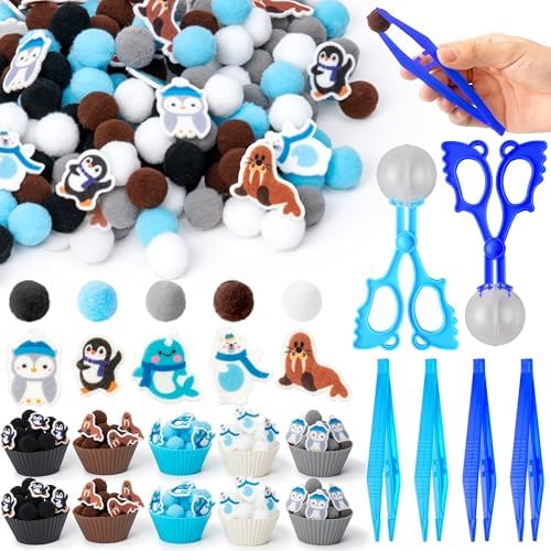 EZdhuawuse Winter Animals Sensory Bin Fillers - 267Pcs Winter Fine Motor Toys Colorful Counting Sorting Toys for Kids, Felt Polar Bear Sea Lion Pom Poms Cup Clip for Preschool Education Activities by EZdhuawuse