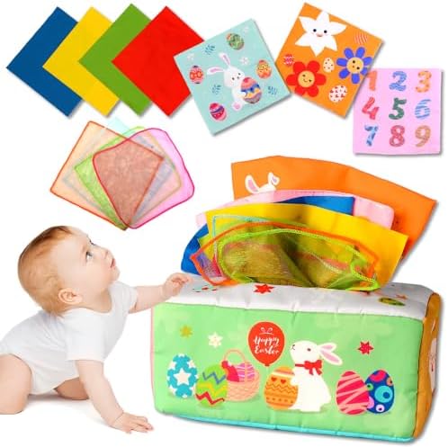 Waybla Easter Baby Toys, Easter Tissue Box Montessori Toy, Soft Stuffed High Contrast Crinkle Infant Sensory Early Learning Easter Toys, Easter Gifts, Easter Basket Stuffers for Babies 12+ Months by Waybla