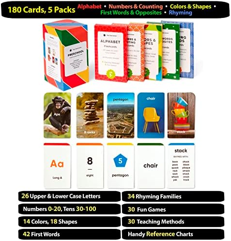 Award-Winning Flash Cards for Preschool & Kindergarten – 5-Deck Set, 180 Jumbo Cards – Learn Alphabet, Numbers, Colors, Shapes, First Words, Opposites & Rhyming – for Kids Ages 3–5 - Image 2