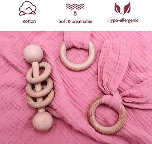 Baby Lovey, Wood Rattle, 3 Pack Montessori Gift, Coral Pink, Cotton, Double Gauze, Baby Girl Shower Gift - Image 3