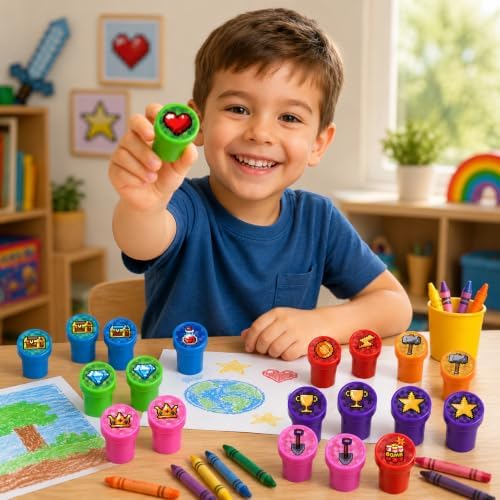 Cinrobiye 24 Pcs Pixel Stampers Party Favor Set, Cute Pixel Art Stamps for Kids Birthday Party, Classroom Rewards, Gaming Themed Party Supplies, Goody Bag Fillers, Retro Pixel Toys - Image 5