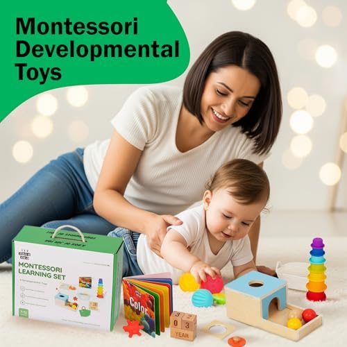 Montessori Toys for Babies 7-12 Months - 6-in-1 Baby Learning Set w/Object Permanence Box, Color Book, Milestone Blocks & More - Educational Toys for Fine Motor & Cognitive Development - Image 3