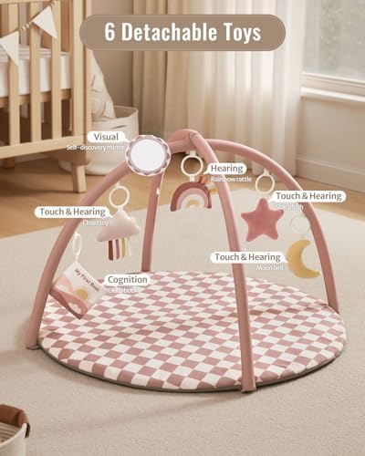 Blissful Diary Baby Play Gym Mat, Play Mat Activity Mat with 6 Detachable Toys for Stage-Based Sensory & Motor Skill Development, Easy to Install & Clean, Baby Essentials Gift, Blush Checkered - Image 4