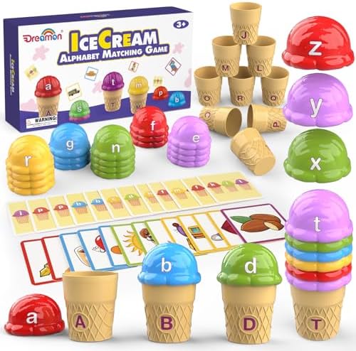 Ice Cream Color Sorting Toys for Toddlers, Montessori Learning Toys with ABC Letter Recognition Flash Cards for Preschool Kids (Alphabet) by Dreamon
