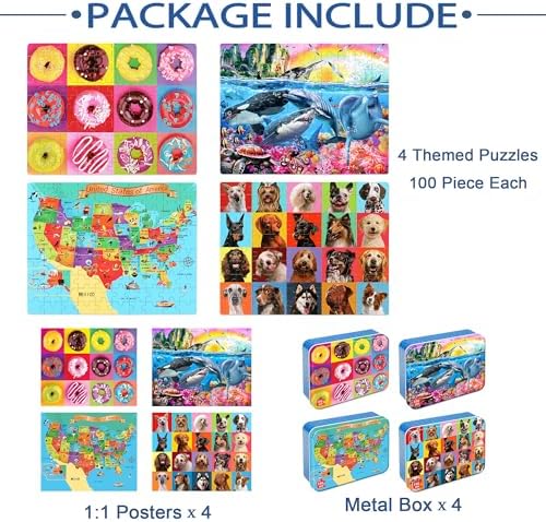 LELEMON Puzzles for Kids Ages 4-6,4-Pack 100 Piece Puzzles for Kids Ages 4-8 in a Metal Box,Dogs Donut USA Map Underwater World Educational Jigsaw Puzzles Puzzle Games Puzzle Toys for Girls and Boys - Image 7