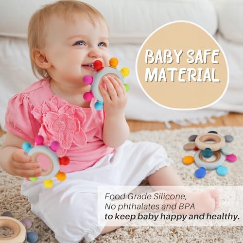 Baby Teething Toys, Silicone Chewable Teethers with Wooden Ring for Soothing Babies Gums, Rudder Chewers Shower Gift for lnfants & Toddlers, 3+ Months (8 Directions, Rainbow) - Image 2